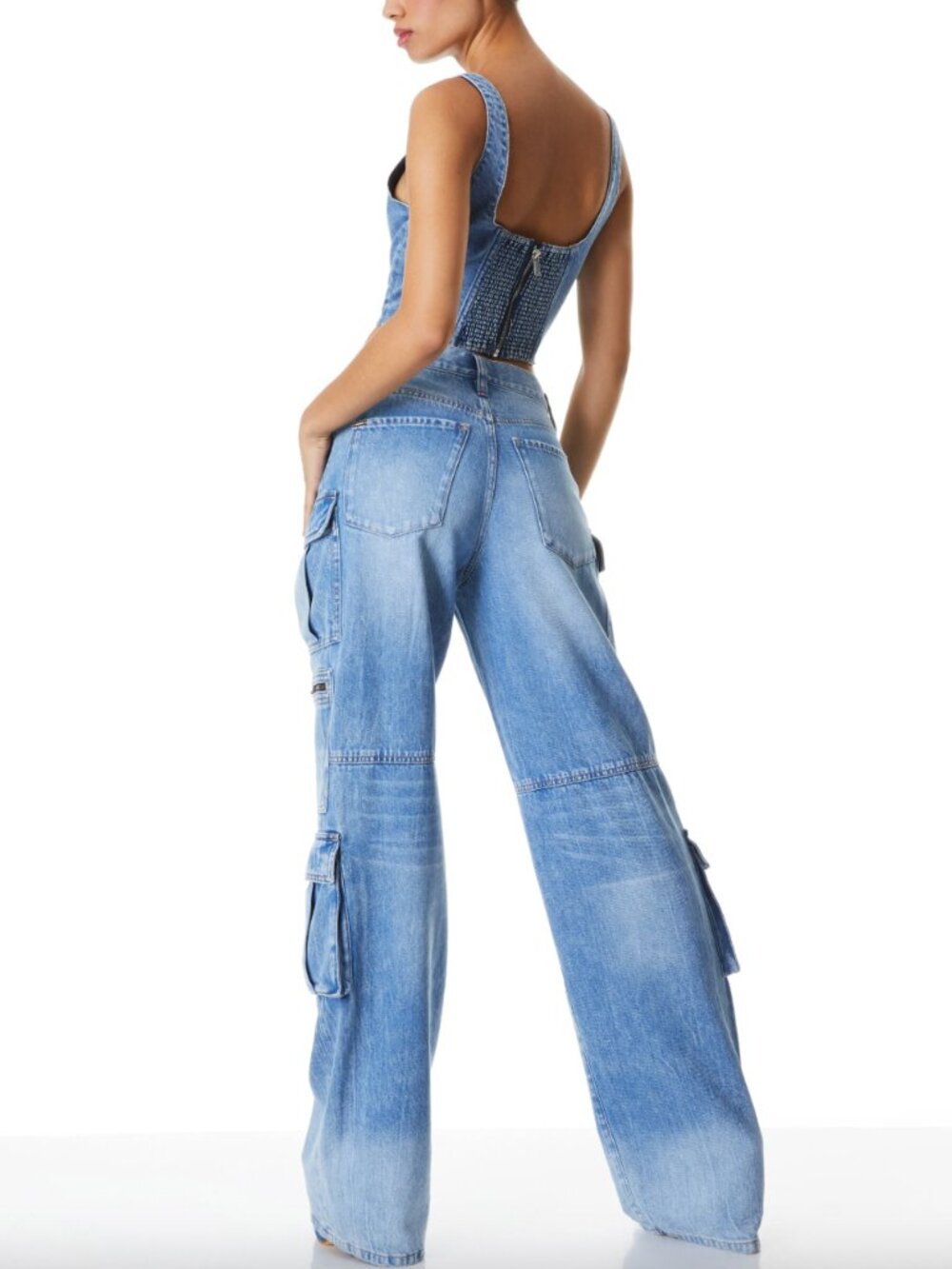 $395 Alice + Olivia Brea Blue Cay Cargo Denim High Rise Jeans size 25/28.5" - Picture 3 of 9
